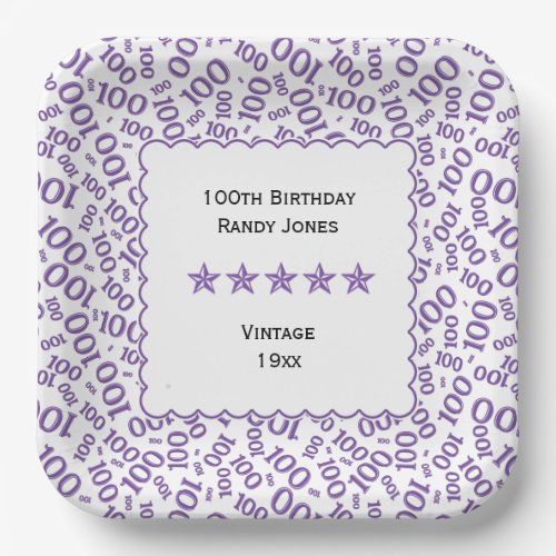 100th Birthday Number Pattern Scallops Purple Paper Plates