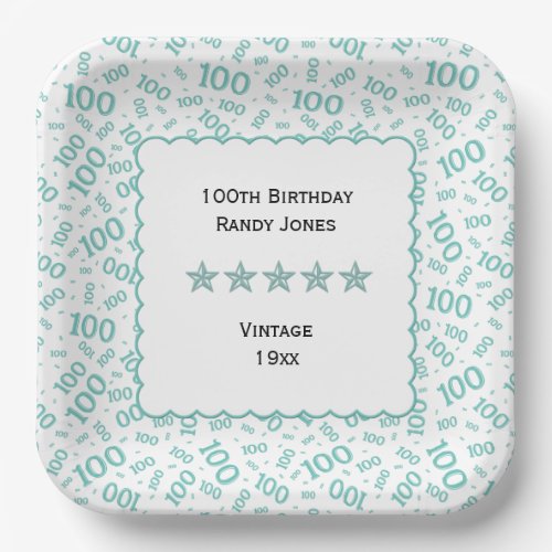 100th Birthday Number Pattern Scallops TealWhite Paper Plates