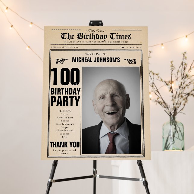 100th Birthday Old Newspaper Funny Welcome Sign (In Situ (Stand))
