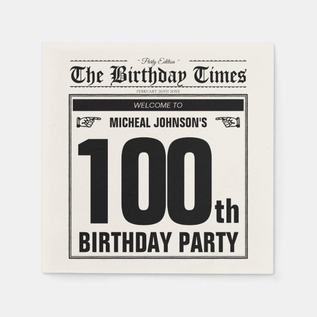 100th Birthday Old Newspaper Vintage Custom Party Napkins (Front)