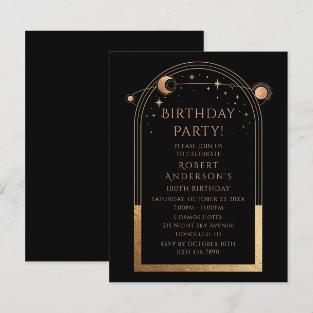 100th Birthday One Hundred Celestial Black Gold Invitation (Front/Back)