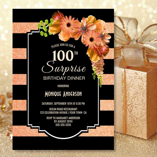 100th Birthday Orange Floral Surprise Dinner Party Invitation