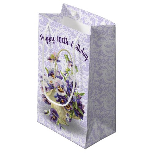 100th Birthday Pansy Basket On Lace   Small Gift Bag