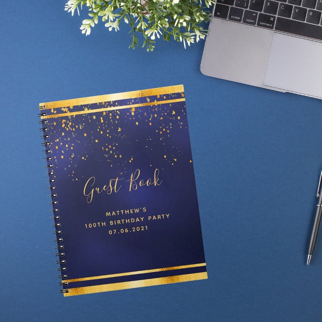 100th Birthday Party 100 dark blue gold guest book (Creator Uploaded)