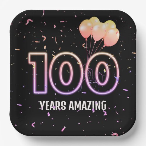 100th Birthday Party Balloons and Confetti Paper Plates