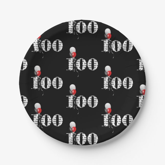 100th birthday party balloons on black paper plates (Front)