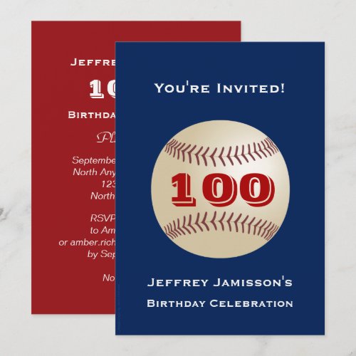 100th Birthday Party Baseball Blue and Red Invitation