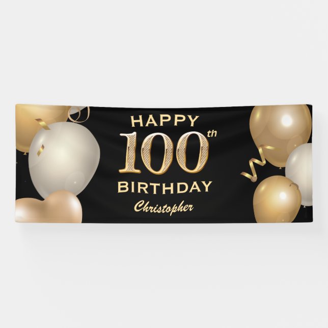 100th Birthday Party Black and Gold Balloons Banner (Horizontal)