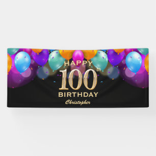 100th Birthday Party Black and Gold Balloons Banner