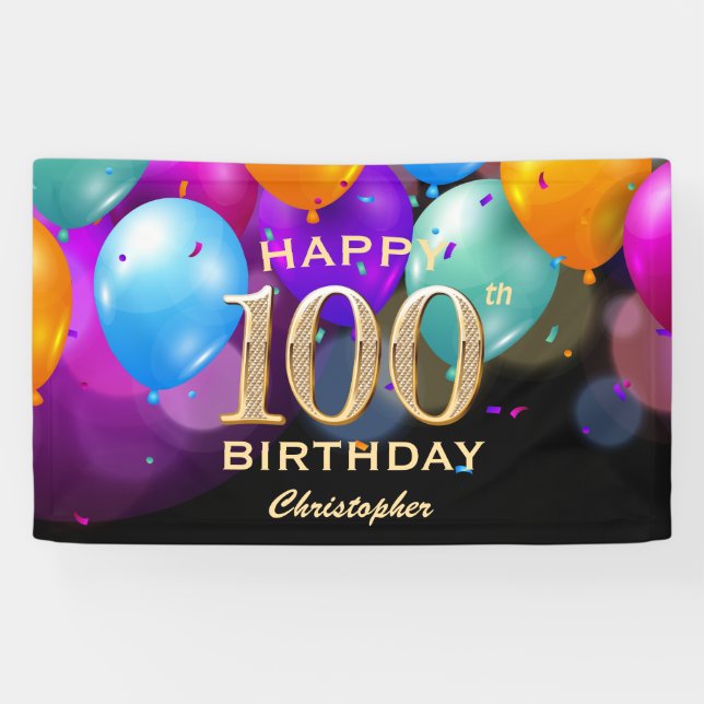 100th Birthday Party Black and Gold Balloons Banner (Horizontal)