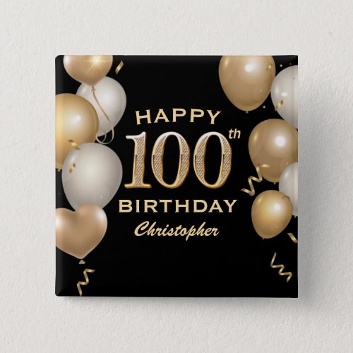 100th Birthday Party Black and Gold Balloons Button