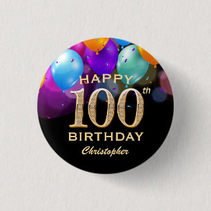 100th Birthday Party Black and Gold Balloons Button