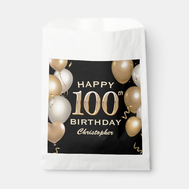 100th Birthday Party Black and Gold Balloons Favor Bag (Front)