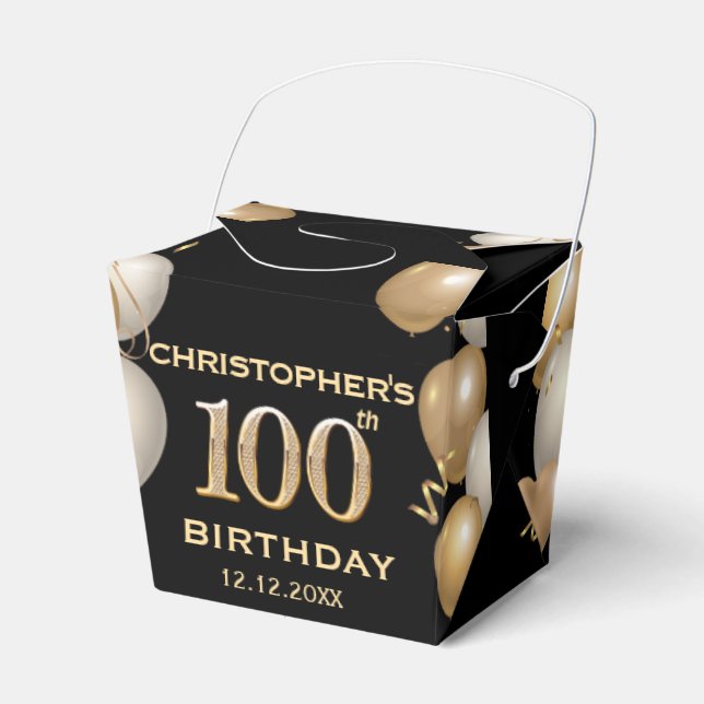 100th Birthday Party Black and Gold Balloons Favor Boxes (Front Side)