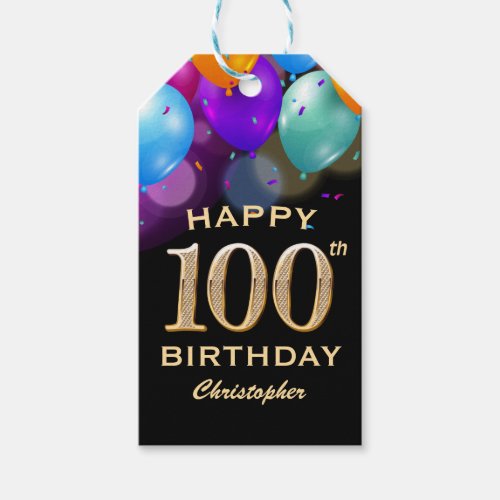 100th Birthday Party Black and Gold Balloons Gift Tags