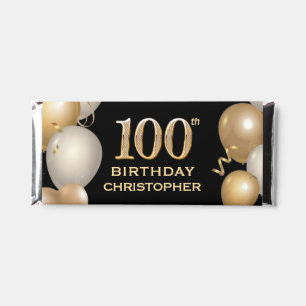 100th Birthday Party Black and Gold Balloons Hershey Bar Favors