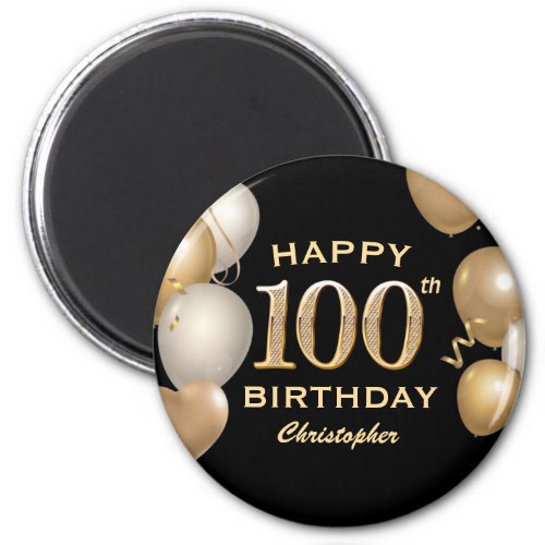 100th Birthday Party Black and Gold Balloons Magnet