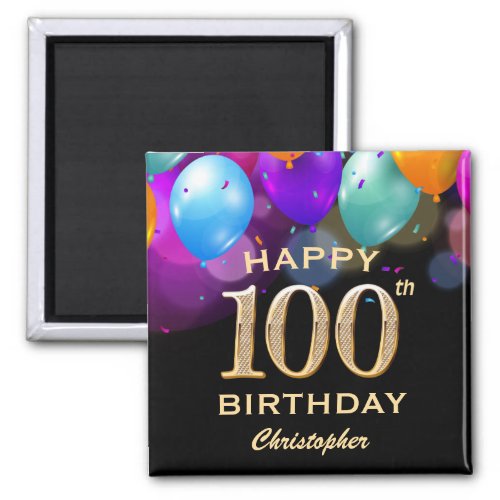 100th Birthday Party Black and Gold Balloons Magnet