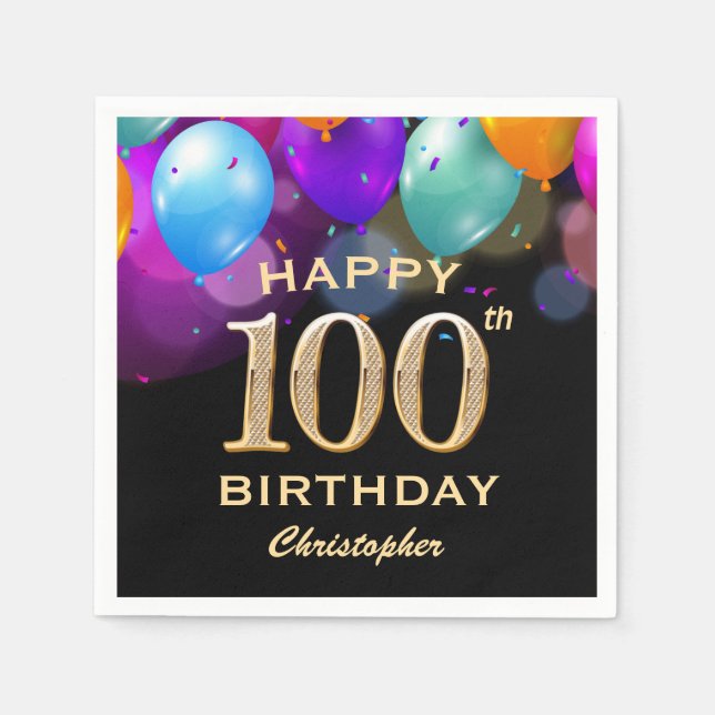 100th Birthday Party Black and Gold Balloons Napkins (Front)