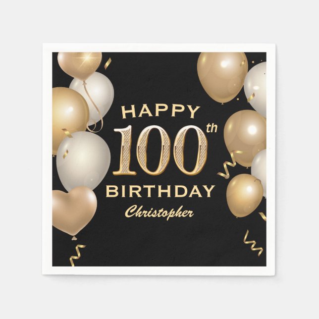 100th Birthday Party Black and Gold Balloons Napkins (Front)