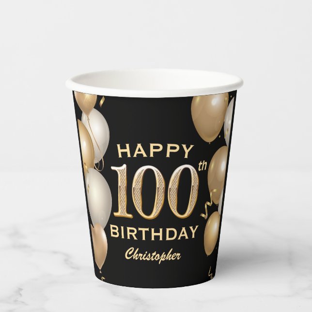 100th Birthday Party Black and Gold Balloons Paper Cups (Front)