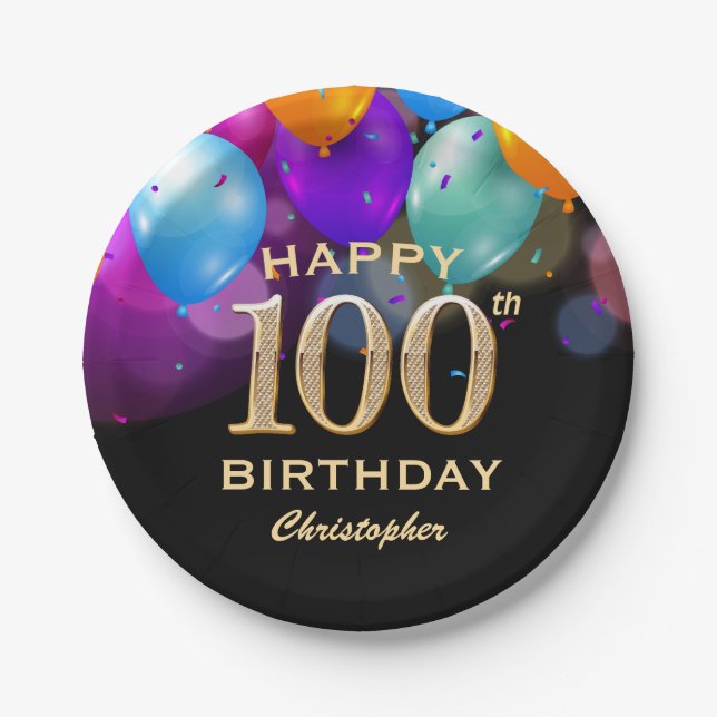 100th Birthday Party Black and Gold Balloons Paper Plates (Front)