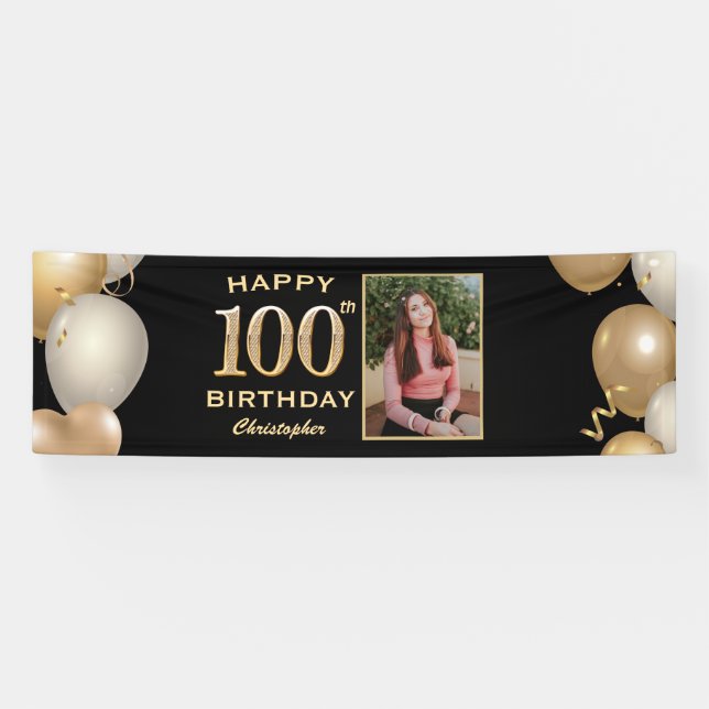 100th Birthday Party Black and Gold Balloons Photo Banner (Horizontal)