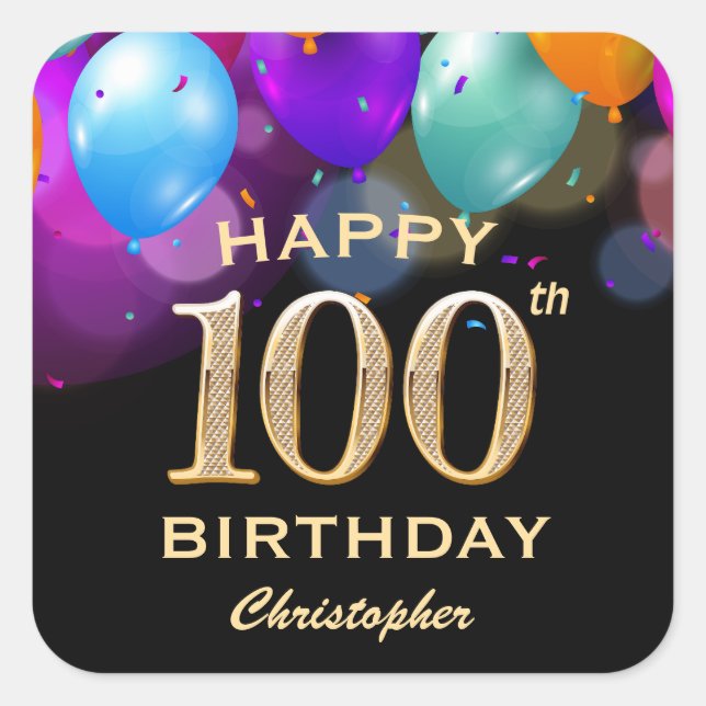 100th Birthday Party Black and Gold Balloons  Square Sticker (Front)