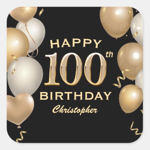 100th Birthday Party Black and Gold Balloons Square Sticker