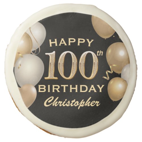 100th Birthday Party Black and Gold Balloons Sugar Cookie