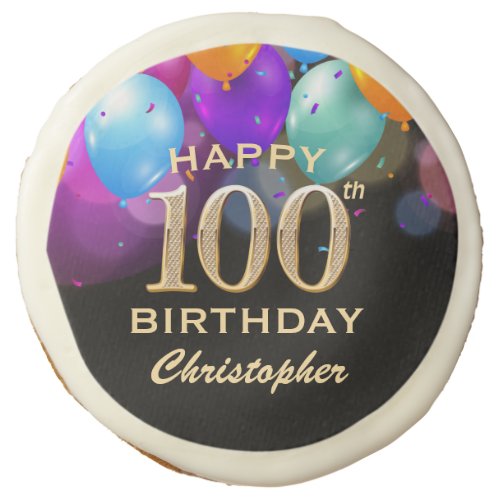 100th Birthday Party Black and Gold Balloons Sugar Cookie