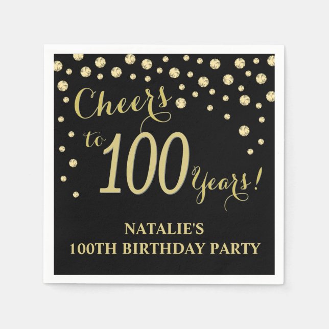100th Birthday Party Black and Gold Diamond Napkins (Front)