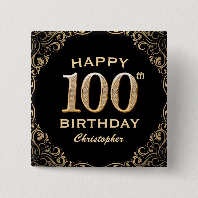 100th Birthday Party Black and Gold Glitter Frame Button (Front)