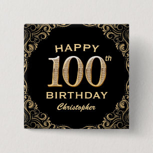 100th Birthday Party Black and Gold Glitter Frame Button