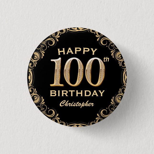 100th Birthday Party Black and Gold Glitter Frame Button (Front)