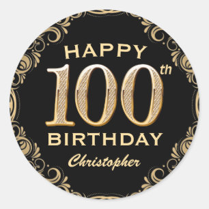 100th Birthday Party Black and Gold Glitter Frame Classic Round Sticker