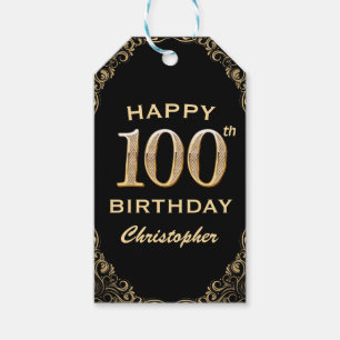 100th Birthday Party Black and Gold Glitter Frame Gift Tags