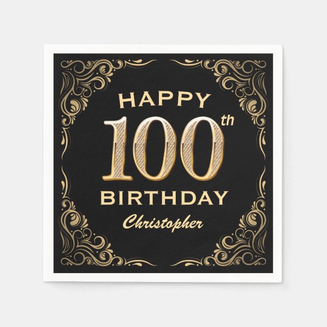 100th Birthday Party Black and Gold Glitter Frame Napkins (Front)