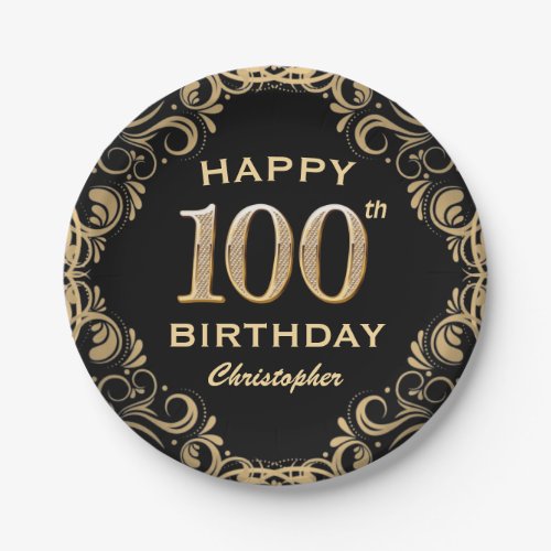 100th Birthday Party Black and Gold Glitter Frame Paper Plates