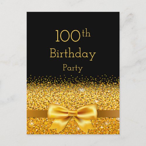 100th birthday party black gold bow invitation postcard