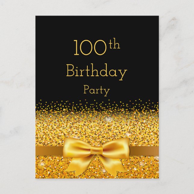 100th birthday party black gold bow invitation postcard (Front)