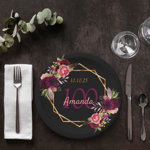 100th birthday party black gold floral burgundy paper plates