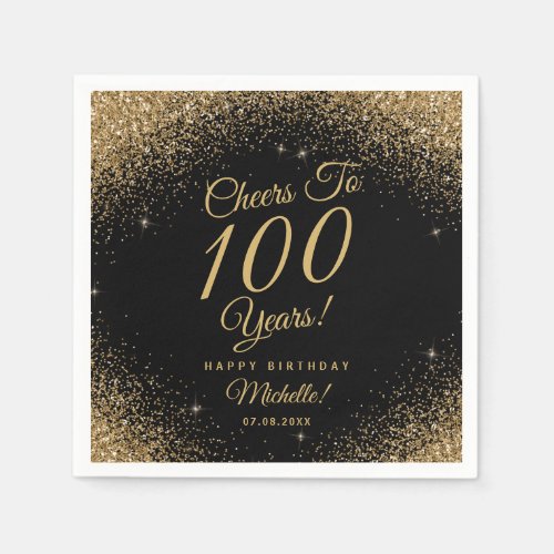 100th Birthday Party Black Gold Glitter Name  Napkins