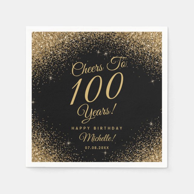 100th Birthday Party Black Gold Glitter Name  Napkins (Front)