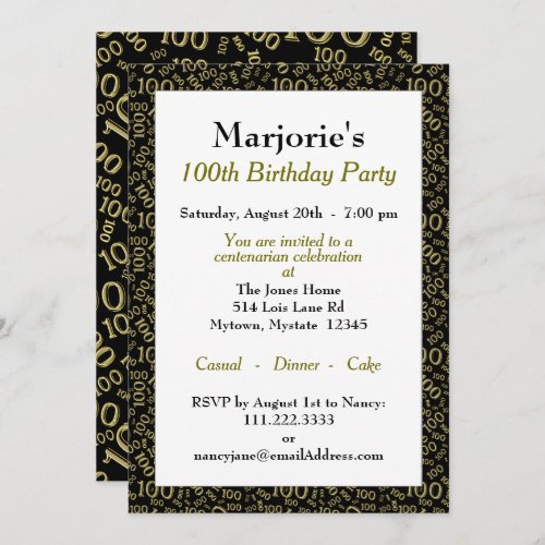 100th Birthday Party BlackGold Number Pattern Invitation