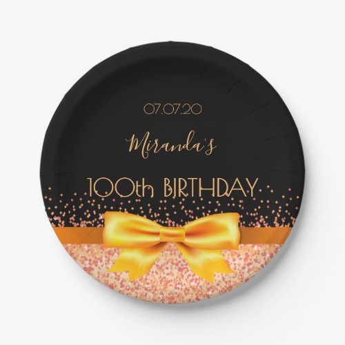 100th birthday party black rose gold 100 years paper plates