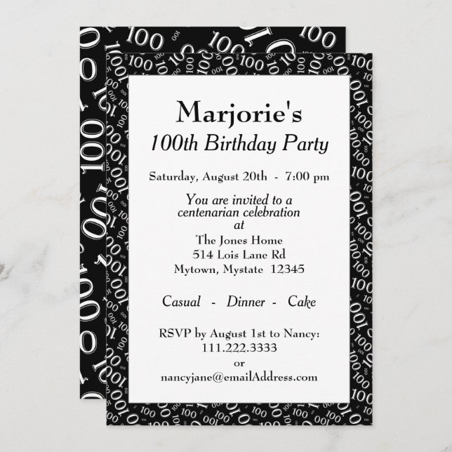 100th Birthday Party Black/White Number Pattern Invitation (Front/Back)