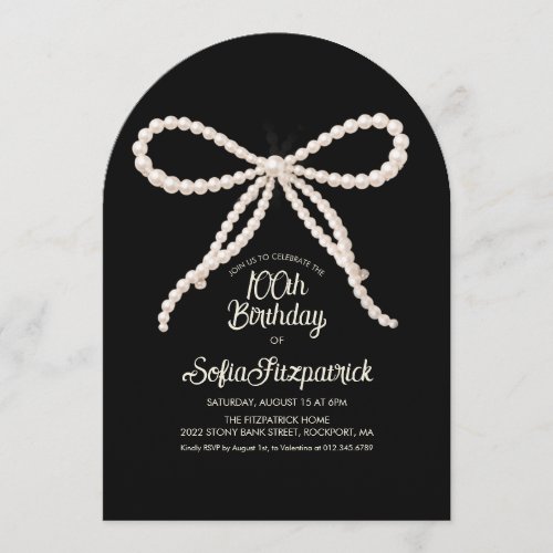 100th Birthday Party Black White Pearl Bow Arch Invitation