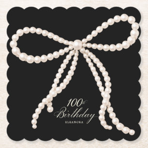 100th Birthday Party Black White Pearl Bow Custom Paper Coaster