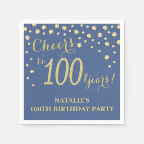 100th Birthday Party Blue and Gold Diamond Napkins